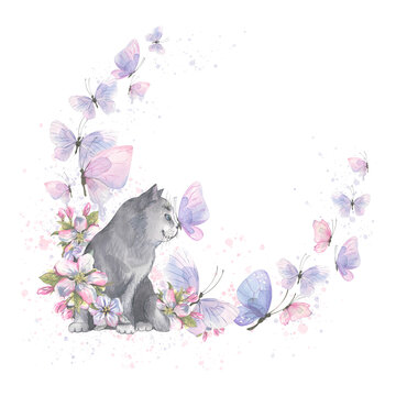 Watercolor illustration frame with a cute gray cat, delicate flowers and airy butterflies and splashes of paint. For the design and decoration of postcards, posters, banners, spas, wallpapers.