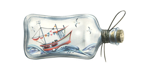 Watercolor illustration of a fishing boat in the water with seagulls, inside a glass bottle. For the design and decoration of postcards, posters, banners, spas, wallpapers, souvenirs. © NATASHA-CHU