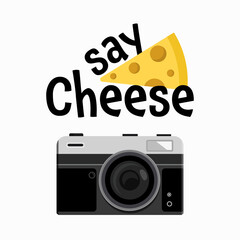 Say cheese text with retro camera isolated on white background
