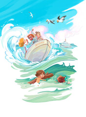 A boy and a girl are swimming among big waves, a boat is rushing at them, men and a girl are having fun in it, a motor ship is floating against the background, seagulls are in the sky