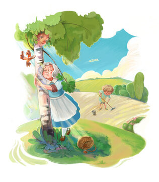 A sunny day, an old woman hugs a birch tree, a basket of mushrooms lies at her feet, in the background a boy is working in the garden, a field with a rake, in the background fields, clouds and a plane