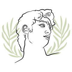 Michelangelo David head in trendy line art style. A vector portrait of man with abstract olive branches. Poster or postcard decorative element. 