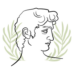 Michelangelo David profile in trendy aesthetic line art style. Male profile portrait with abstract olive leaves.