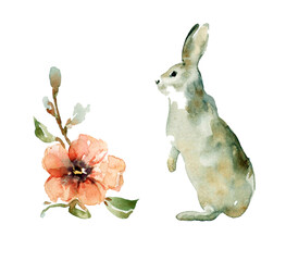 Watercolor Bunny, pink flower, spring and easter.