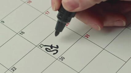 Woman hands marking the day in calendar by writing START as a reminder using a black pen