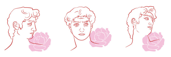 David head in different positions with abstract peony flowers. Famous sculpture sketches in trendy, aesthetic line art. A concept of positive masculinity. 