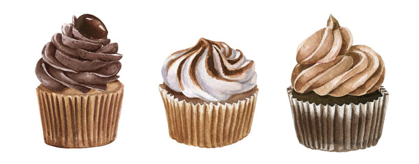 Watercolor cupcake set. Valentines day dessert sweets. Chocolate muffin,decorating delicious sweet cupcakes with chocolate crumbs