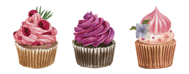 Watercolor cupcake set. Valentines Day dessert sweets. Pink fruit muffin 