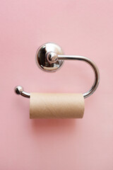 Empty toilet paper roll. The last sheet of toilet paper. Pink background. Vertical. Need help.