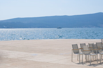 relaxation summer vacation travel, beautiful blue and white minimal tropical landscape on a sunny day. light and airy coast seascape