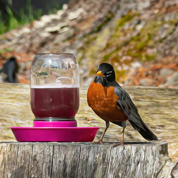 An Abstract Oil Painting from a photo of A Robin getting a drink at the grape jelly juice watering feeder in our garden