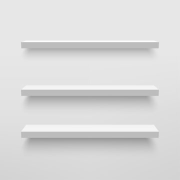 Empty white shelf on white wall. Vector