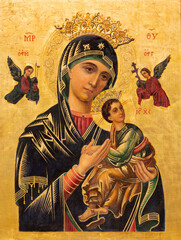 VALENCIA, SPAIN - FEBRUAR 17, 2022: Madonna (Our Lady of Perpetual Help) in the church Basilica de San Vicente Ferrer. - obrazy, fototapety, plakaty