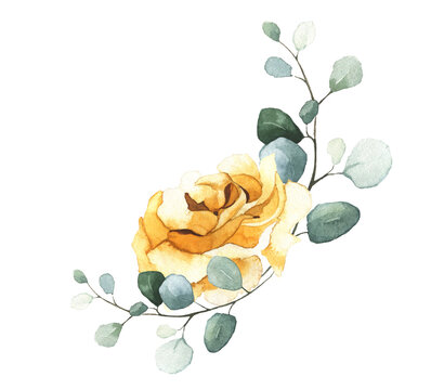 Watercolor bouquet with yellow rose flower, green eucalyptus branches with turquoise, green leaves, twigs.