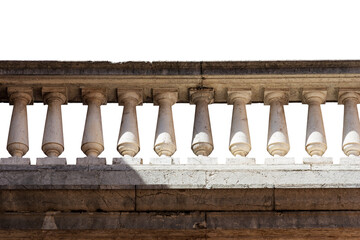 Fototapeta na wymiar Close-up of a white balustrade made in marble and stone isolated on white background and copy space. Brescia downtown, Lombardy, Italy, Europe.