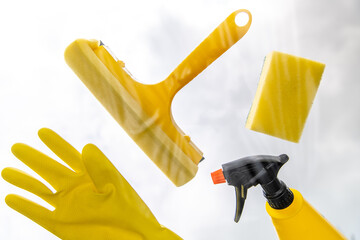 Cleaning and cleaning accessories, gloves, spray, sponges, scraper for windows on sky