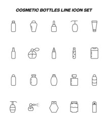 Cosmetic and beauty concept. Outline sign perfect for advertisement, web sites, internet stores etc. Line icon set with symbols of various bottles and tubes for procedures