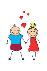Hand drawn characters. Couple in love holding hands. Isolated on white background.