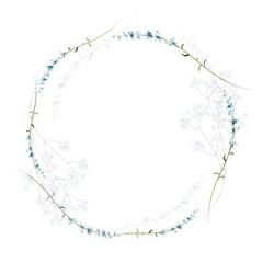 Watercolor painted floral wreath on white background. Branches with tiny blue flowers, leaves, transparent twigs. Vector