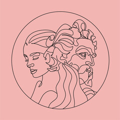 Neptune Line Art vector. Minimalist line drawing female face and Old man face. Love concept. 