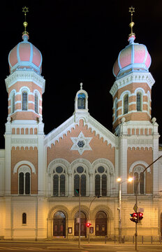 Great Synagogue in Plzen in night, Czech Republic