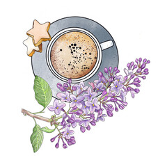 Romantic breakfast: a cup of coffee, cookies, a blooming branch of lilac. Spring still life, drawing for the design of the menu of a restaurant, cafe. Handmade realistic drawing. - 502571618