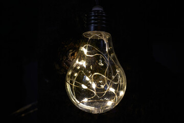 Decorative light bulb with lamps in the middle. Beautiful light bulb glows in the dark.