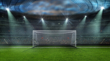 football or soccer goal gate closeup with green grass. 3D Illustration. textured soccer game field - obrazy, fototapety, plakaty