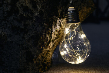 Decorative light bulb with lamps in the middle. Beautiful light bulb glows in the dark. 