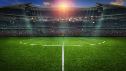 Fototapeta premium textured soccer game field with neon fog - center, midfield