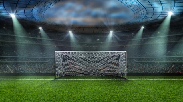 football or soccer goal gate closeup with green grass. 3D Illustration. textured soccer game field