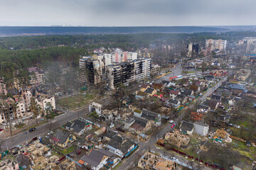 The aerial view of the destroyed and burnt buildings. The buildings were destroyed by russian rockets and mines. The Ukrainian cities after the russian occupation.