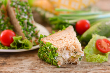 Appetizing sandwich with herbs and tomatoes. Wooden background.