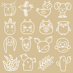 Templates of animals, plants, birds depicted in one line, cute illustrations of cacti, flowers, birds, penguin, giraffe, hare, rabbit, cat, monkey, fox, cow, unicorn