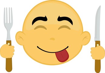 Vector illustration of the face of a bald yellow cartoon character, with a yummy expression, with a knife and fork in his hands