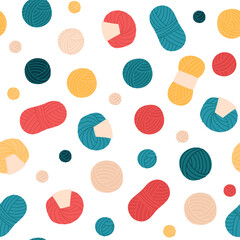Seamless pattern of skeins of wool yarn for crochet, knitting needles. Isolated flat vector illustration for printing on fabric, wrapping paper, background