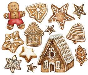 Watercolor gingerbread cookies. Winter homemade sweets in shape of house and gingerbread man, tree, star and snowflake, jingle bell and heart. Cartoon hand-drawn illustration