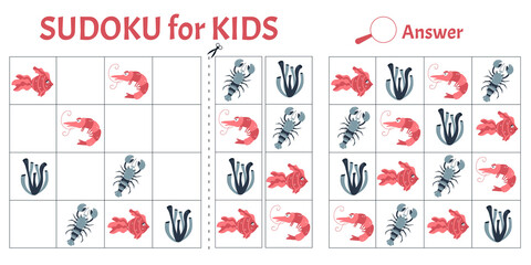 Sudoku game for kids with pictures of sea animals. Children's activity sheet. Vector illustration cartoon style