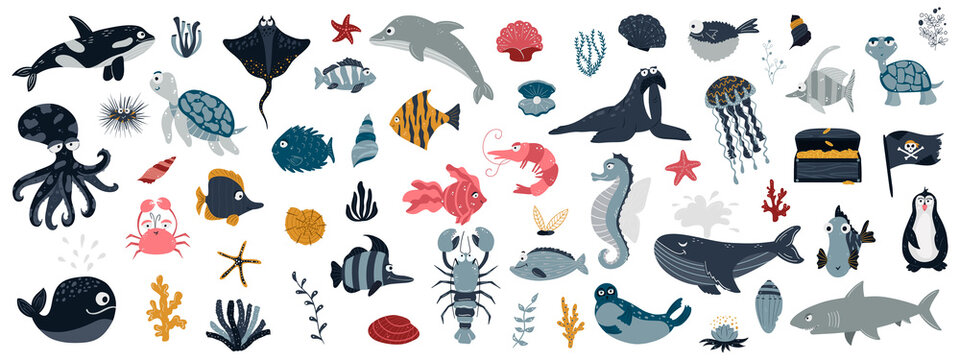 Sea animals on a white background. Cute and funny Inhabitants of the marine underwater world, fish, dolphins, sharks, shrimps, algae, shells. Vector illustration on a white background.