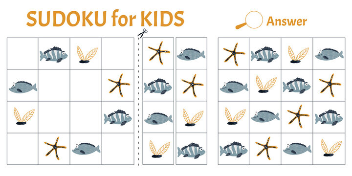 Sudoku game for kids with pictures of sea animals. Children's activity sheet. Vector illustration cartoon style