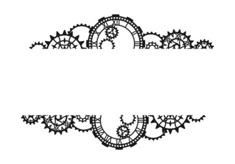 Vintage black border made of clock, different gears and cogwheels on a white background with place for text. Steampunk frame. Vector design template for banner, poster, flyer, signage, label, postcard