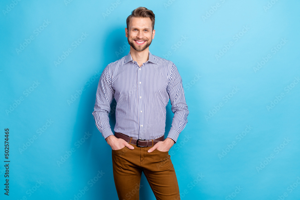 Wall mural Photo of good looking handsome businessman have his own company cool specialist isolated on blue color background