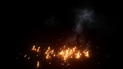 3D animation on realistic scattered fire with smoke and sparks looped with alpha channel (transparency) in HQ 32bit Apple ProRes. Easy use. Drag and drop in your project with any non-linear editing so