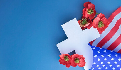 national american holiday Memorial Day concept with cross, usa flag and poppy flower