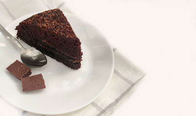 Delicious chocolate cake on a plate on the table on a light background. Copy space