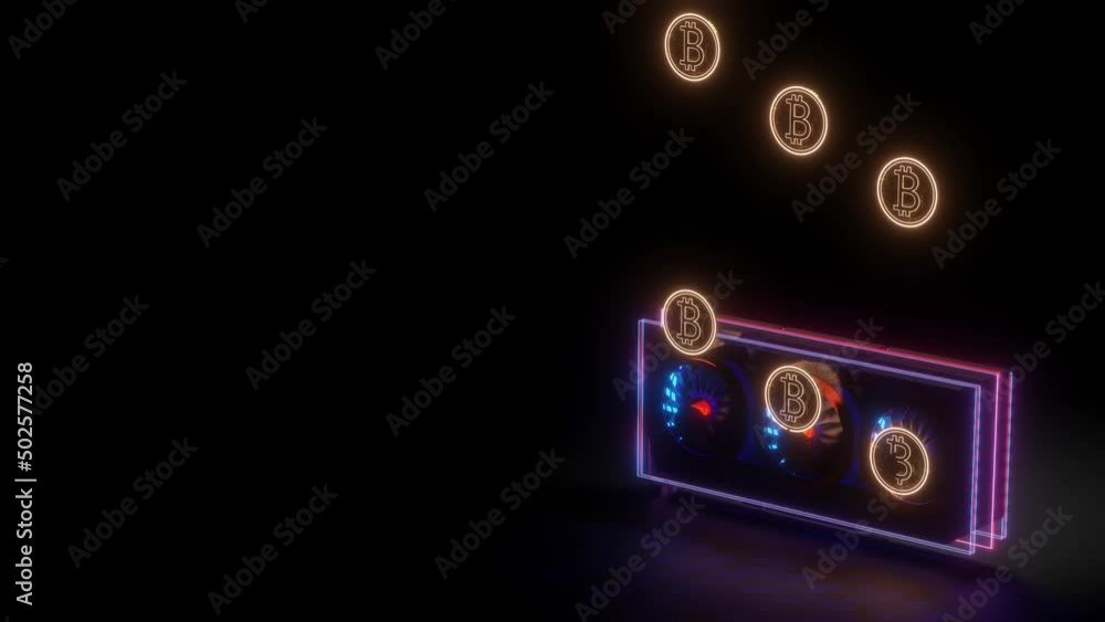 Poster 3d model of a video adapter with working coolers and flying bitcoin coins. cryptocurrency mining con