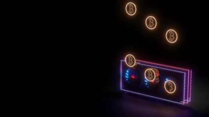 3D model of a video adapter with working coolers and flying bitcoin coins. cryptocurrency mining concept. 3d render