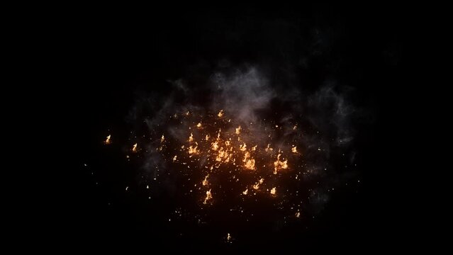 3D animation on realistic scattered fire with smoke and sparks looped with alpha channel (transparency) in HQ 32bit Apple ProRes. Easy use. Drag and drop in your project with any non-linear editing so