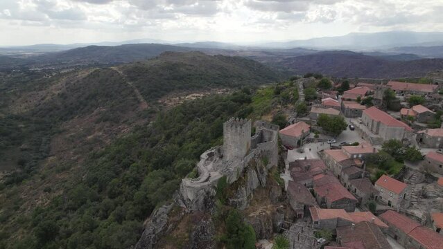 Aerial approach of Sortelha medieval castle, Portugal