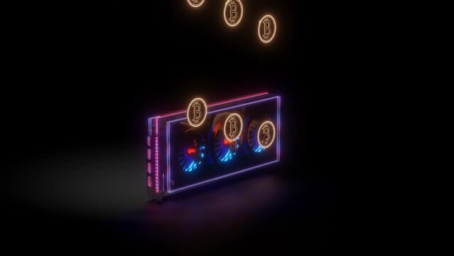 3D model of a video adapter with working coolers and flying bitcoin coins. cryptocurrency mining concept. 3d render
